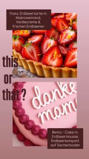 ❤️MUTTERTAGSTORTE 2026!❤️
Welche Torte würdet ihr gerne für eure Mamas kaufen?
Sagt uns gerne in den Kommentaren welche euer Favorit ist 💝

-Erdbeertarte: franz. Erdbeertarte mit Makronenrand, Vanillecreme und frischen Erdbeeren 
-Bento-Cake: mit Erdbeermousse, Erdbeerkompott auf Sacherboden 

#muttertag #bentocake #rothenburg #burgbernheim #torte