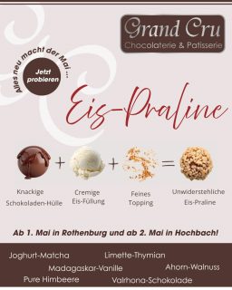 Endlich ist sie da: unsere EIS-PRALINE! 🍨

Ein frischer Genuss für warme Tage! ☀️ Zum dahin schmelzen!🫠

Nach langem tüfteln an Rezepten und der Präsentation ist es nun soweit!👏

Wir sind gespannt, wie es anläuft!

#eis #handmade #regional #yummy #schokolade 
@rothenburgtourism thenburg