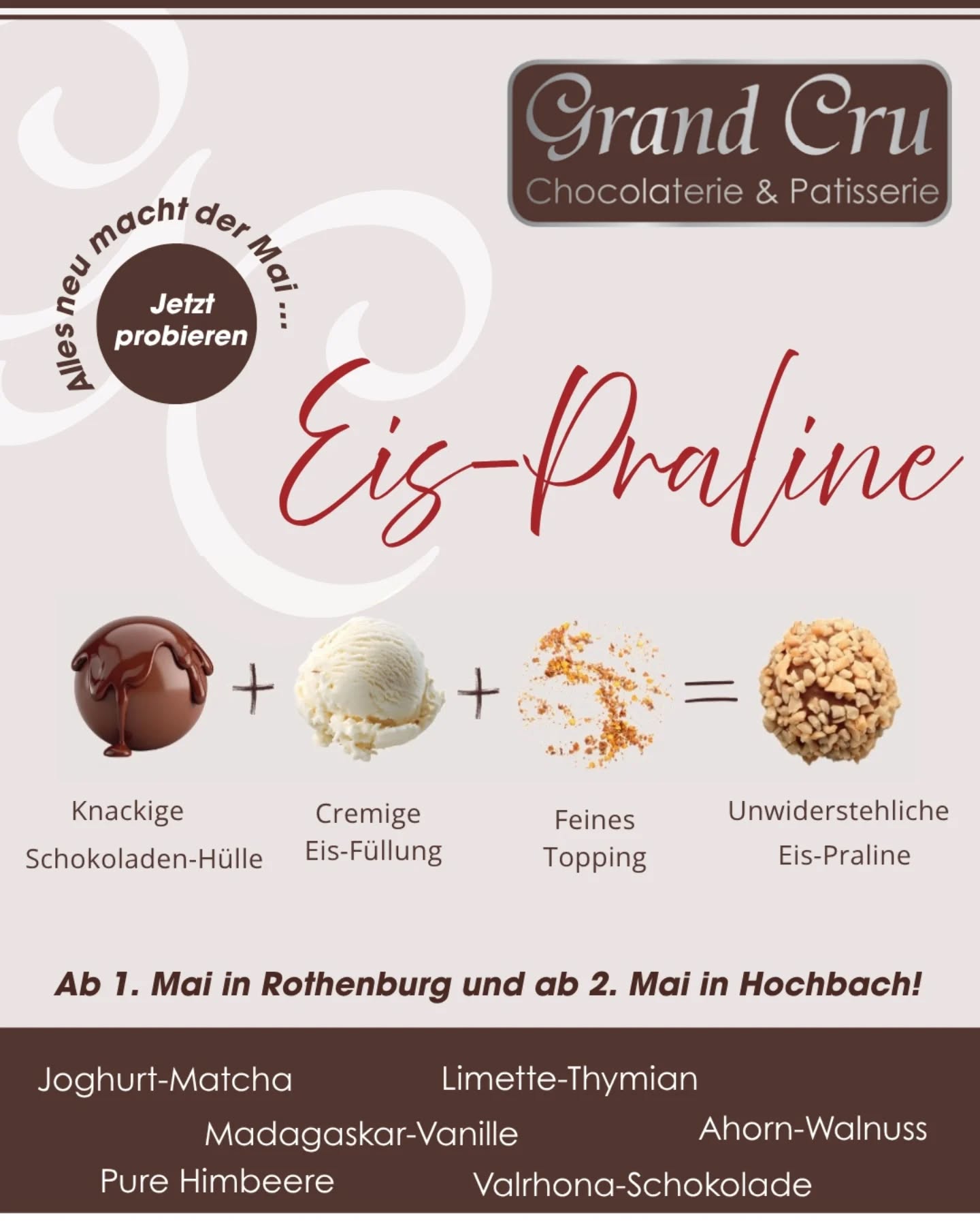 Endlich ist sie da: unsere EIS-PRALINE! 🍨

Ein frischer Genuss für warme Tage! ☀️ Zum dahin schmelzen!🫠

Nach langem tüfteln an Rezepten und der Präsentation ist es nun soweit!👏

Wir sind gespannt, wie es anläuft!

#eis #handmade #regional #yummy #schokolade 
@rothenburgtourism thenburg